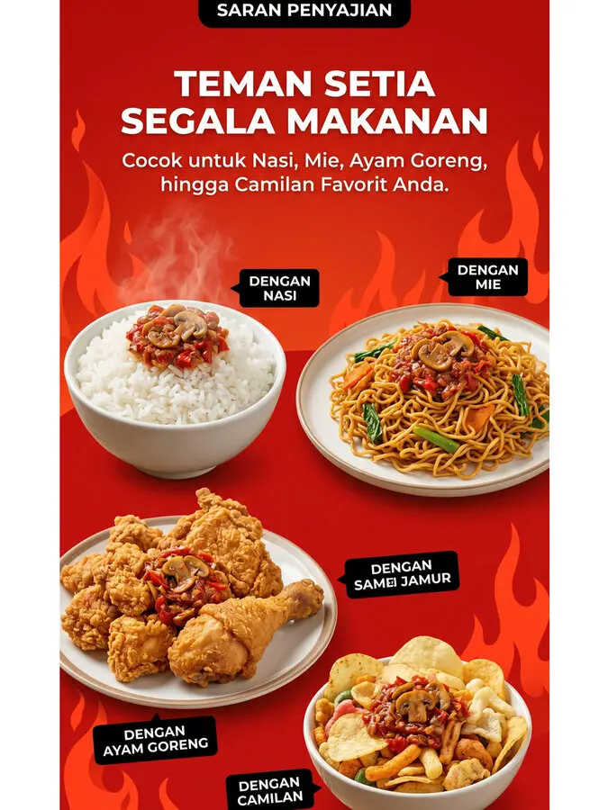 Saran penyajian sambal jamur: nasi, mie, ayam goreng, camilan