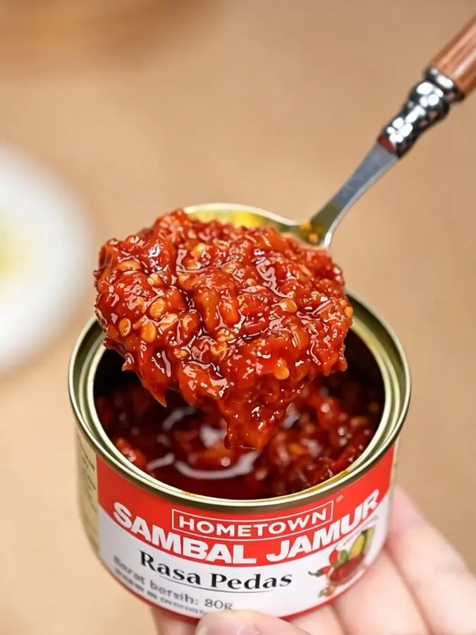 Sambal jamur disendok langsung dari kaleng